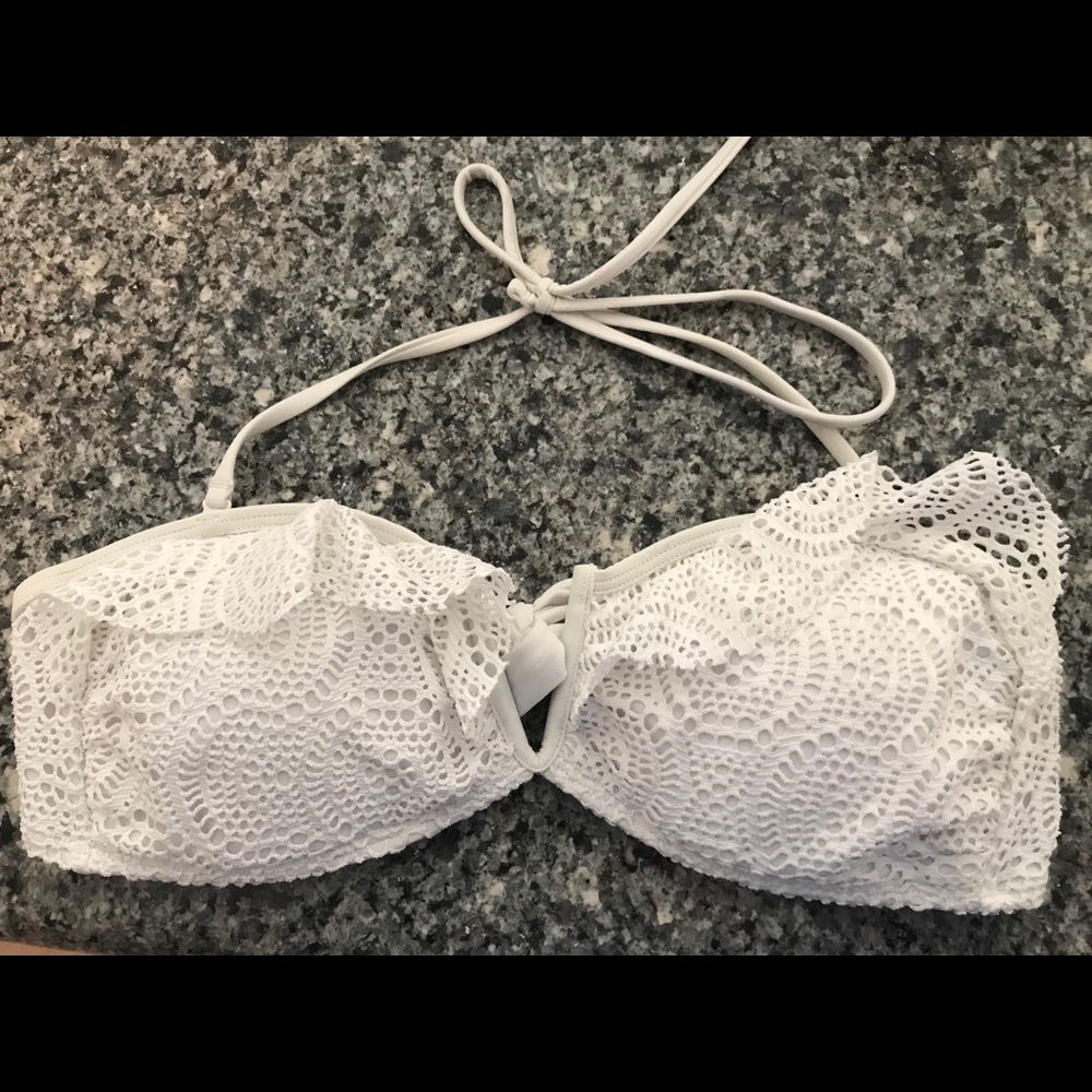 aerie White Crochet Ruffle Bandeau Bikini Top